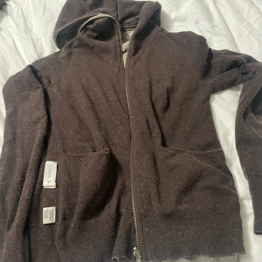 Laurie B. Full Zip Cotton Wool Cashmere Reversible Hoodie Sweater Brown Gray - Picture 12 of 15